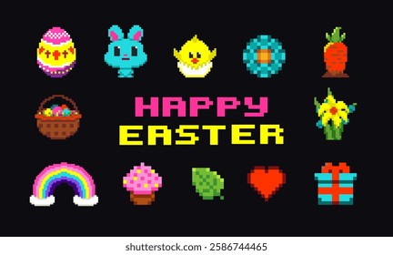 Pixel art icons set. Happy Easter greeting card design. Rabbit, bunny, eggs and baby chicken. Isolated vector illustration.