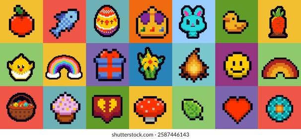 Pixel art icons set. Happy Easter greeting card design. Rabbit, bunny, eggs and baby chicken. Isolated vector illustration.