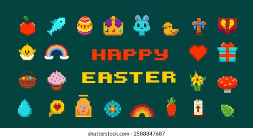 Pixel art icons set. Happy Easter greeting card design. Rabbit, bunny, eggs and baby chicken. Isolated vector illustration.