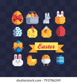 Pixel art icons set. Happy Easter greeting card design. Rabbit, bunny, eggs and baby chicken. Isolated vector illustration. 
