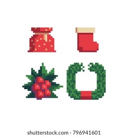 Pixel art icons set. Set of happy new year attributes. Merry christmas greeting card design. Gift bag and Christmas wreath. Isolated vector illustration. 
