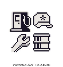 Pixel art icons set, metal barrels, cap, charging station, wrench, barrel, element design for logo mobile app, web, sticker. Isolated 80s abstract vector illustration. 1-bit sprites. 