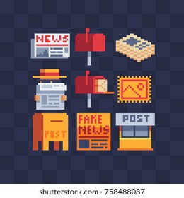 Pixel art icons set. Newspaper, mailbox, post office and postage stamp. Sticker design pack. Isolated vector illustration collection. Video game sprite. 8-bit. Isolated vector illustration. 