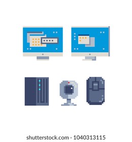 Pixel art icons set on the theme of Computer modern technologies, web camera, server and monitor. Isolated vector illustration. 8-bit sprite. 