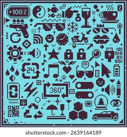 Pixel art icons set pattern, seamless background, fashion trend fabric textures, template, symbol, logo, sticker, mobile app, website, badges and patches. 8-bit sprite. Isolated vector illustration.