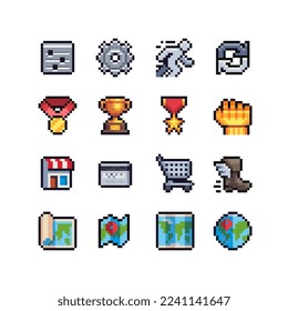 Pixel art icons set, phone interface, mobile designs, element design for logo mobile app, web, sticker. Isolated 80s abstract vector illustration. 8-bit medal, settings, cup, hand and world map.