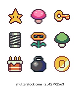 Pixel art icons set, phone interface, star, mushroom, key, microphone, flower, cake, weight, coin, mobile designs, element design for logo mobile app, web, sticker. Isolated 80s abstract vector.
