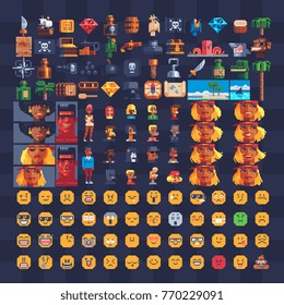 Pixel art icons set. Pirate theme. Video game characters. Smiling emoticons.   Isolated vector illustration. Stickers design. 8-bit sprites.