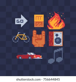 Pixel art icons set. Sub woofer, rock & roll hand sign, cabriolet, fire and bike. Sticker design pack. Isolated vector illustration collection. Video game sprite. 8-bit. 