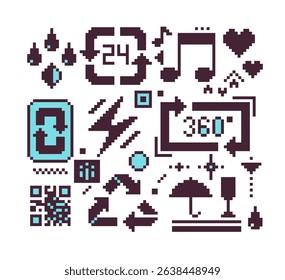 Pixel art icons set, symbol design for logo, sticker, mobile app, template badge, website, badges and patches. 8-bit sprite. Isolated vector illustration. Video game sprite.