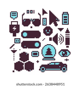 Pixel art icons set, template badge, symbol design for logo, sticker, mobile app, website, badges and patches. Isolated vector illustration. Video game sprite.