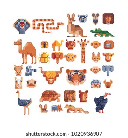 Pixel art icons set tropical safari animal isolated vector flat illustration. Design for stickers, logo, embroidery, mobile app. Video game assets 80s 8-bit sprite sheet. Animal heads. 