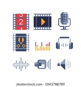 Pixel art icons set, video audio editor, codec, editing, presentation, movie, action, cinema isolated vector illustration. Game assets 8-bit sprite. Element design for mobile app, web, sticker, logo.