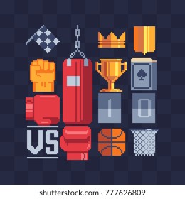 Pixel art icons set. Winner's trophy award. Boxing glove and punching bag. Basketball and basket. Game tournament achievement. Checkered flag. 8-bit sprites. Game assets. Isolated vector illustration.