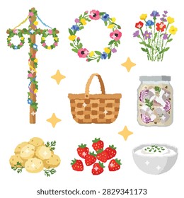 Pixel art icons of swedish midsummer traditions featuring a maypole and summer food.