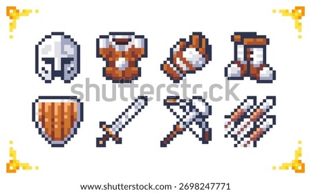 Pixel art icons of weapons and armor for RPG games. Helmet, Shield, Sword, Crossbow, boots, gloves, crossbow bolts. 16x16 pixels.