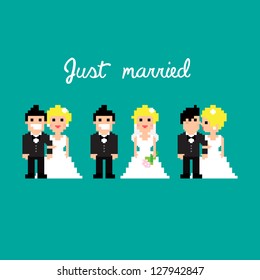 Pixel art icons for wedding, vector illustration