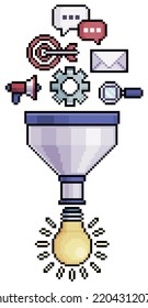 Pixel art ideas funnel, sales marketing funnel vector icon for 8bit game on white background