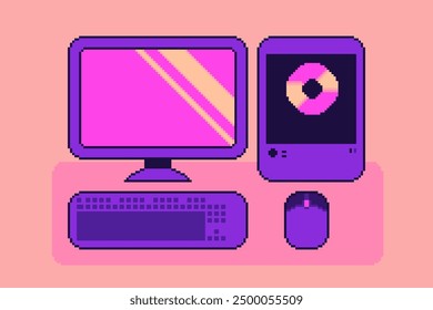 Pixel Art Illustraiton of Modern Computer Set, Muted Pink and Peach Tone