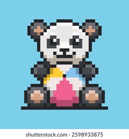 A pixel art illustration of a adorable panda holding a multicolored beach ball. The colorful beach ball, making the image fun and playful