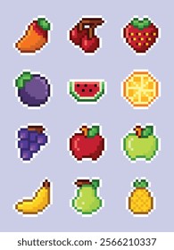 pixel art illustration of any fruits like apple, mango, cherry, grape, watermelon, strawberry