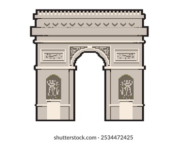 Ilustração da arte pixel do Arco do Triunfo em Paris, França, atração turística, fundo branco, dados vetoriais.