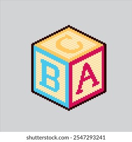 Ilustración de arte de píxeles Baby Block Letters. Cubo de alfabeto pixelado. Icono del cubo de las letras del bloque de los niños del bebé pixelado para el juego del arte del pixel y el icono para el Sitio web Video y el juego.