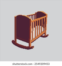 Ilustración de arte de píxeles Baby Crib. Cama de bebé pixelada. Icono de la cuna de la cama del bebé pixelado para el juego del arte del pixel y el icono para el Sitio web Video y el juego.