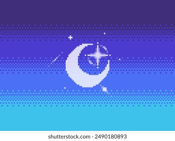 Pixel Art Illustration of Bright Moon Crescent on Blue Dithered Gradient Background