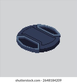 Pixel art ilustração Camera Cap. Tampa de lente pixelada.  Shutter Camera Lens Cap Icon pixelated para o jogo de arte de pixels e ícone para site e vídeo game.