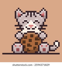 A pixel art illustration of a cat or kitten embracing a large chocolate chip cookie. The pixelated style adds a nostalgic and retro feel.