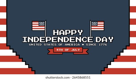 Ilustração em pixel art celebrando o Dia da Independência Americana em estilo retrô de 8 bits. Apresenta a bandeira dos EUA, o texto patriótico "Feliz Dia da Independência" e as decorações em pixels vermelho-branco-azul. Perfeito para 