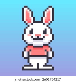 Pixel art illustration of a charming white rabbit, featuring a cheerful smile and casual outfit, brings a touch of retro and vintage vibes.