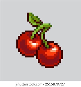 Ilustração de arte pixel Cherry. Fruta-Cereja Pixelizada. Cherry Fruit pixelated para o jogo de arte de pixel e ícone para site e vídeo game.