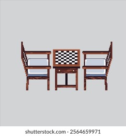 Pixel art illustration Chess Chair Table. Pixelated Chessboard. Chess Chair and Table board Icon pixelated for the pixel art game and icon for website and video game. old school retro.