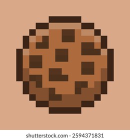 A pixel art illustration of a chocolate chip cookie, The cookie is depicted with a round shape and visible chocolate chips, creating a nostalgic and retro feel.