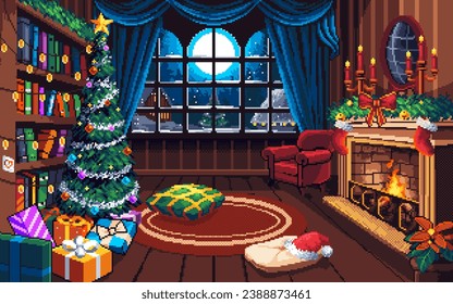 Pixel art illustration Christmas background. Pixelated Christmas. Christmas House Home Background pixelated for the pixel art game and icon for website and video game. old school retro.
