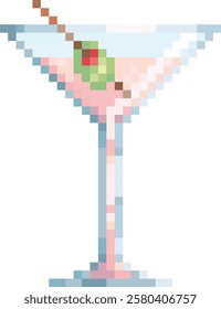 Pixel art illustration of a cocktail glass, alcoholic drink with a green olive, vector for aperitif menu in a bar or restaurant, mosaic design composed of squares