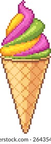 Pixel art illustration of a colorful swirl ice cream cone on a white background. Bright and fun dessert in a waffle cone for summer-themed designs. Vector graphic.