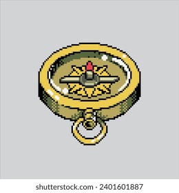 Ilustración de arte de Pixel Compass. Brújula Pixelada. Brújula de camping de supervivencia 
pixelado para el juego de arte píxel e icono para el sitio web y el videojuego. viejo