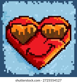 Ilustración del arte del pixel de un carácter rojo fresco del corazón que lleva las gafas de sol y que sonríe. Emoji de estilo retro de 8 bits aislado en un fondo texturizado azul. Ideal para juegos, San Valentín o redes sociales.