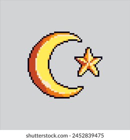 Pixel art illustration Crescent Moon. Pixelated Moon Stars. Crescent Moon and Stars fruit pixelated for the pixel art game and icon for website and video game.