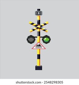 Ilustración de arte de píxeles Luz de tráfico cruzado. Semáforo de tren pixelado. Icono del semáforo del tren del ferrocarril pixelado para el juego del arte del pixel y el icono para el Sitio web Video y el juego.