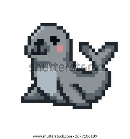 Pixel art illustration of a cute gray seal with a smiling face and pink blush on its cheek, isolated on a white background, 8-bit retro style.