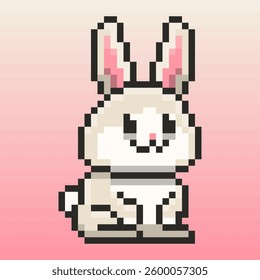 Pixel art illustration of a cute rabbit in a sitting position. This adorable design, rendered in a classic pixel style adds a retro and whimsical touch on it.