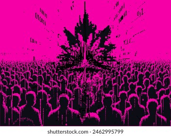 Pixel art illustration depicting a human crowd standing in front of an explosion against a neon pink sky. A conceptual representation of a dystopian future.