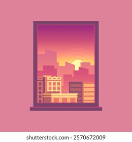 Pixel art illustration depicting a vibrant cityscape view from a window during sunset, featuring silhouetted buildings against a purple sky and a pink wall, creating a stunning urban scene