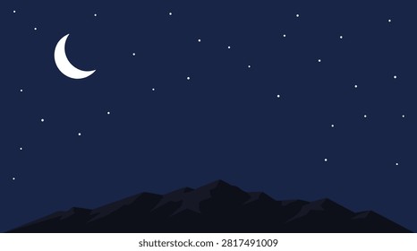 A pixel art illustration design featuring a crescent moon and stars in a dark night sky above a silhouetted mountain range landscape.