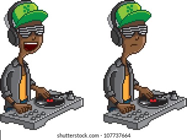 Pixel art illustration of a DJ scratching a record on a turntable, isolated on white. Includes two poses, one laughing, and one serious.