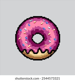 Ilustração de arte pixel Donut. Rosca Pixelizada. Donut Doughnut Bolo Fast Junk Food Icon pixelated para o jogo de arte de pixel e ícone para site e videogame.